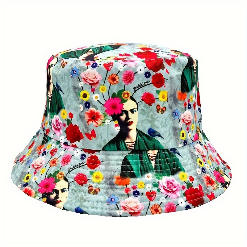 

Women's Reversible Floral Print Polyester Bucket Hat - Glamorous, 100% Polyester Fisherman Cap With Portrait Design, Machine Washable, Non-stretch Woven Fabric, Sun Protection