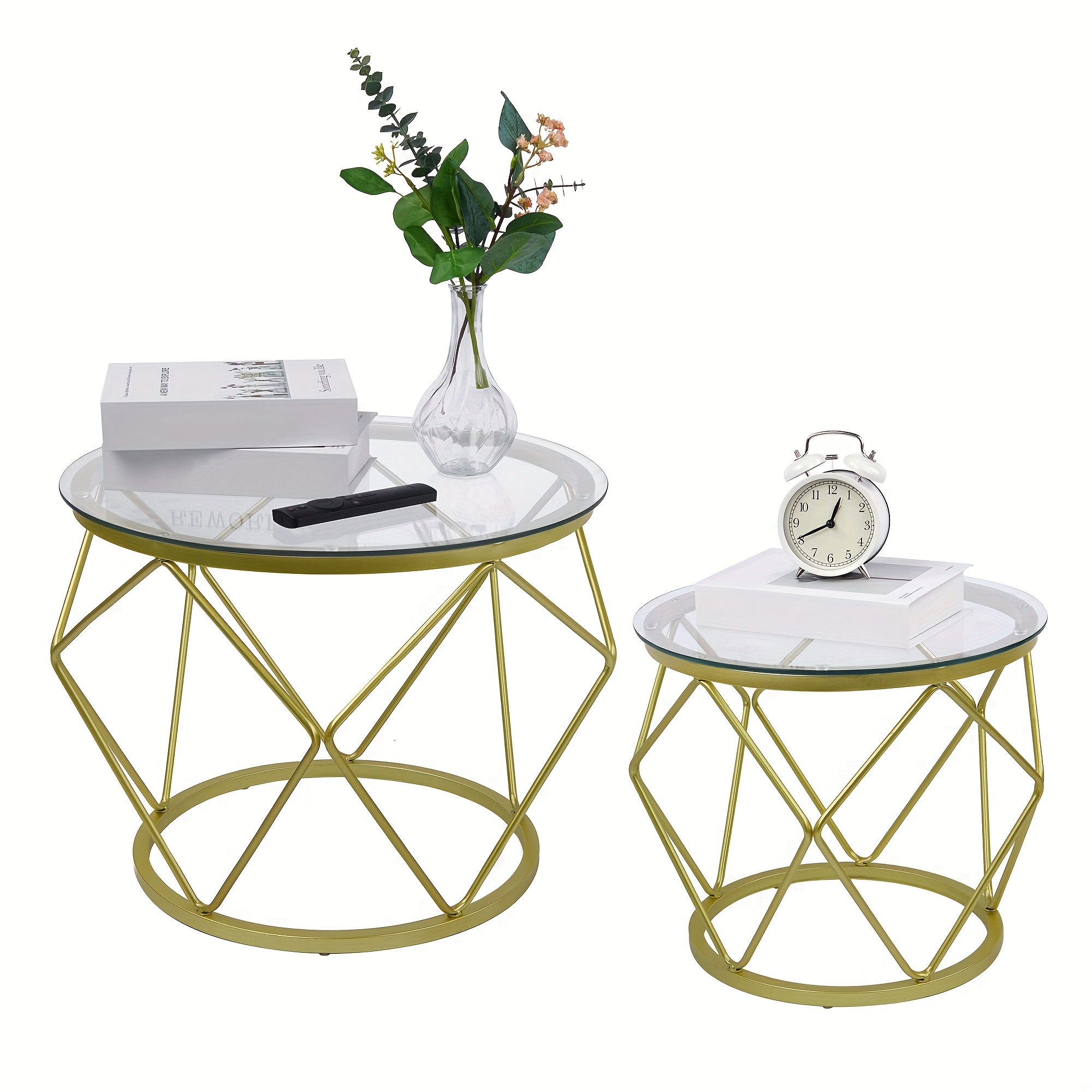 TEMU Round Coffee Table, Set Of 2, Side Tables, Side Table Set With Metal Frame, Small Side Table For Living Room, Bedroom, Office, Golden