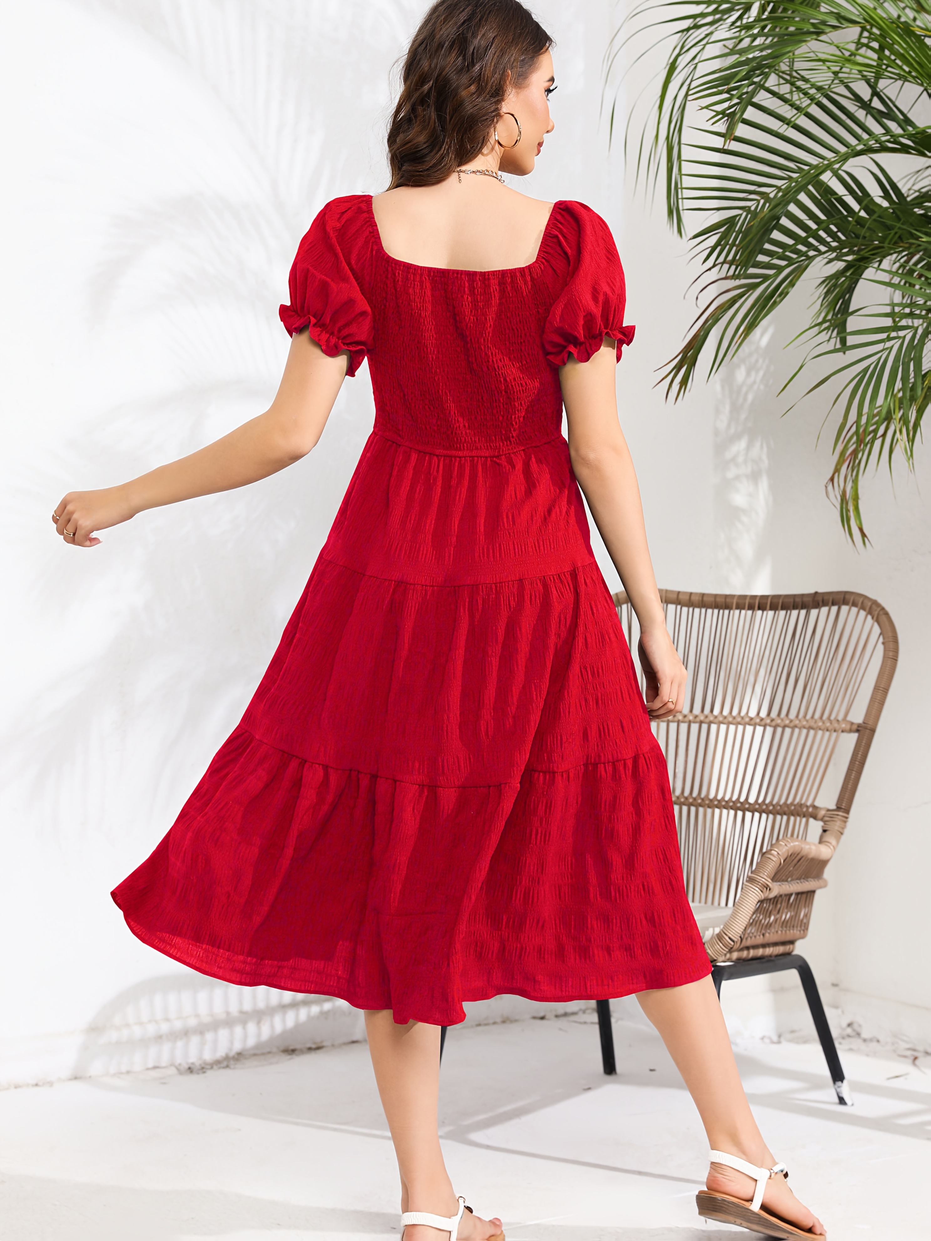 elegante rode midi jurk met afhangende schouders en Temu Belgium