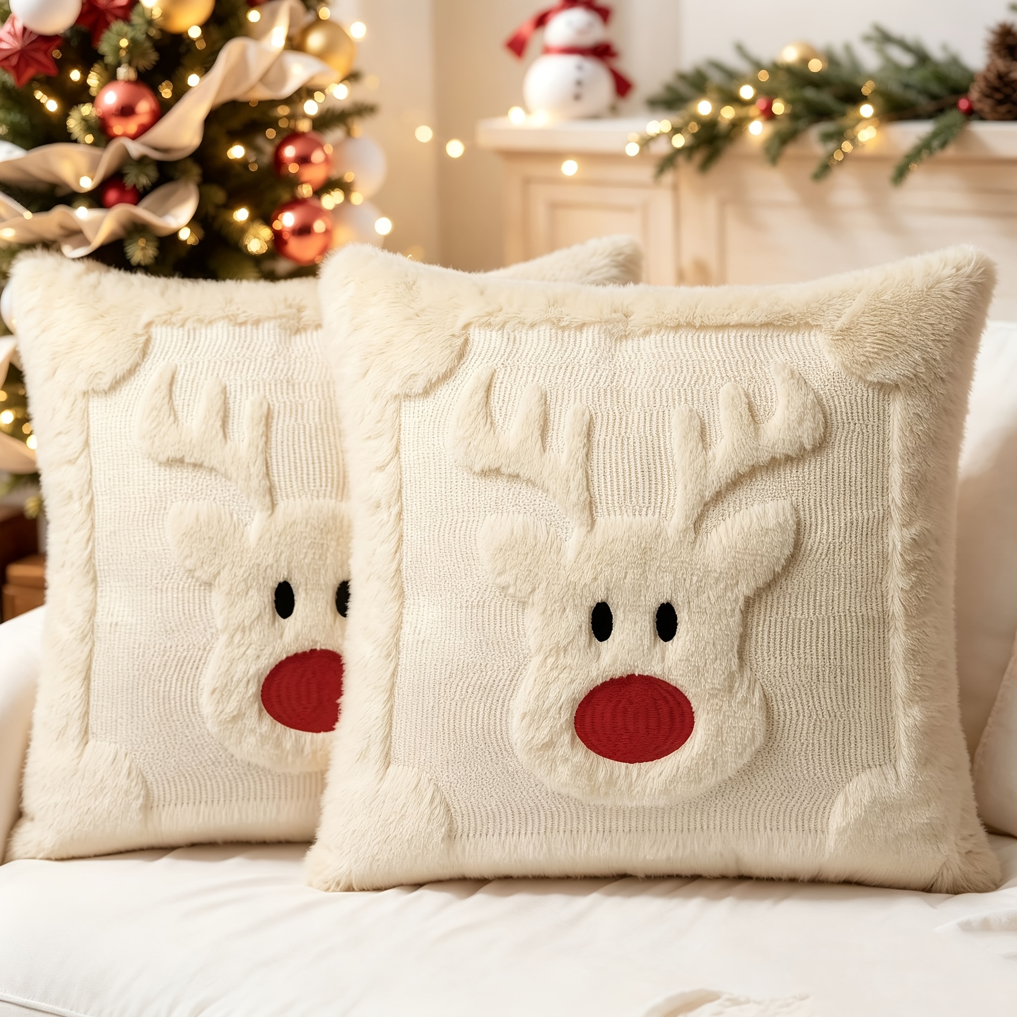 TEMU 2pcs Christmas Pillow Covers 18x18 Inches, Decorated With Soft Plush Artificial Rabbit Hair Reindeer Christmas Pillowcase, Soft And Comfortable,