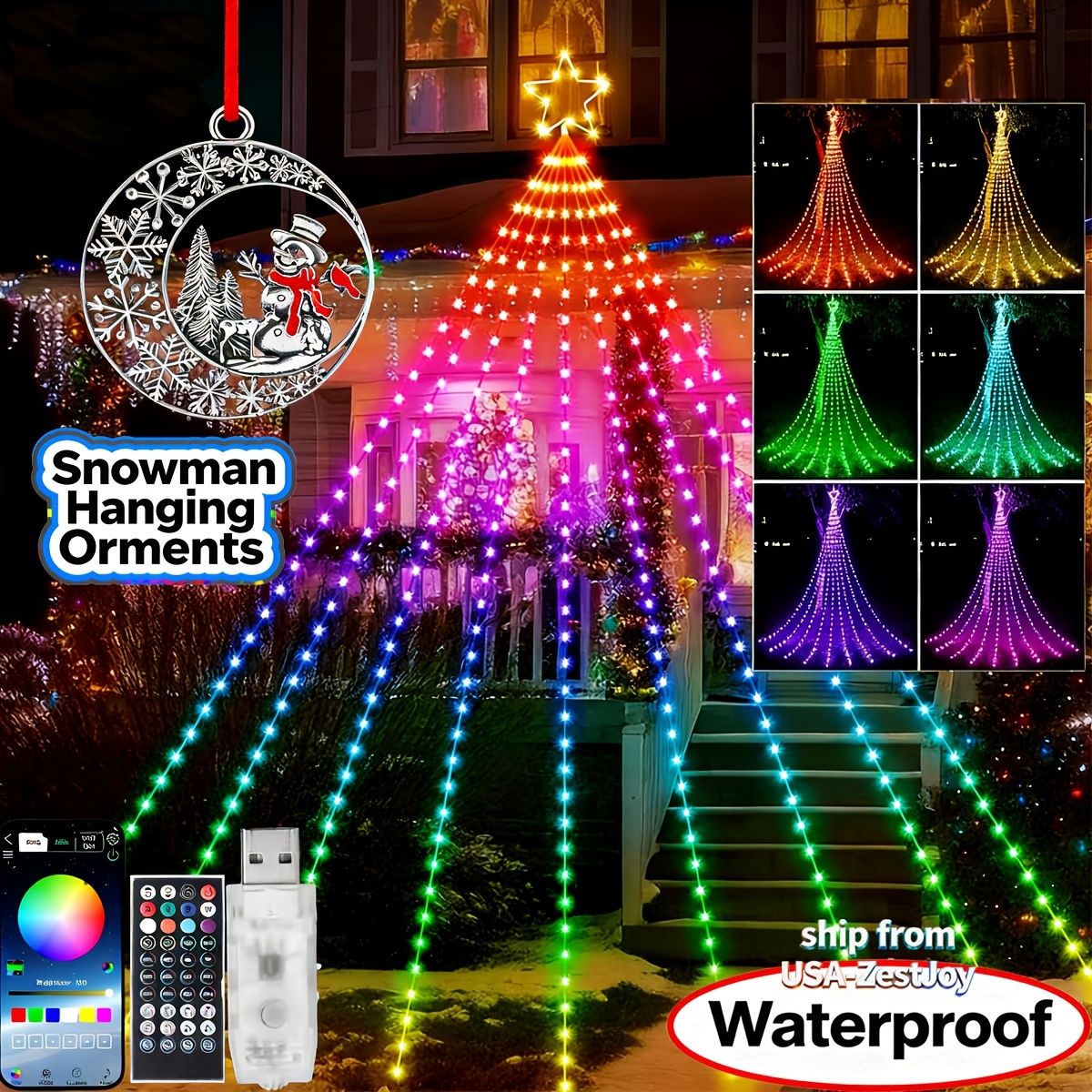 TEMU 11.8ft 350leds Outdoor Christmas Decorations, Rgb Color Changing Christmas Waterfall Star String Lights Star 9 Strands Control, , Music Sync,