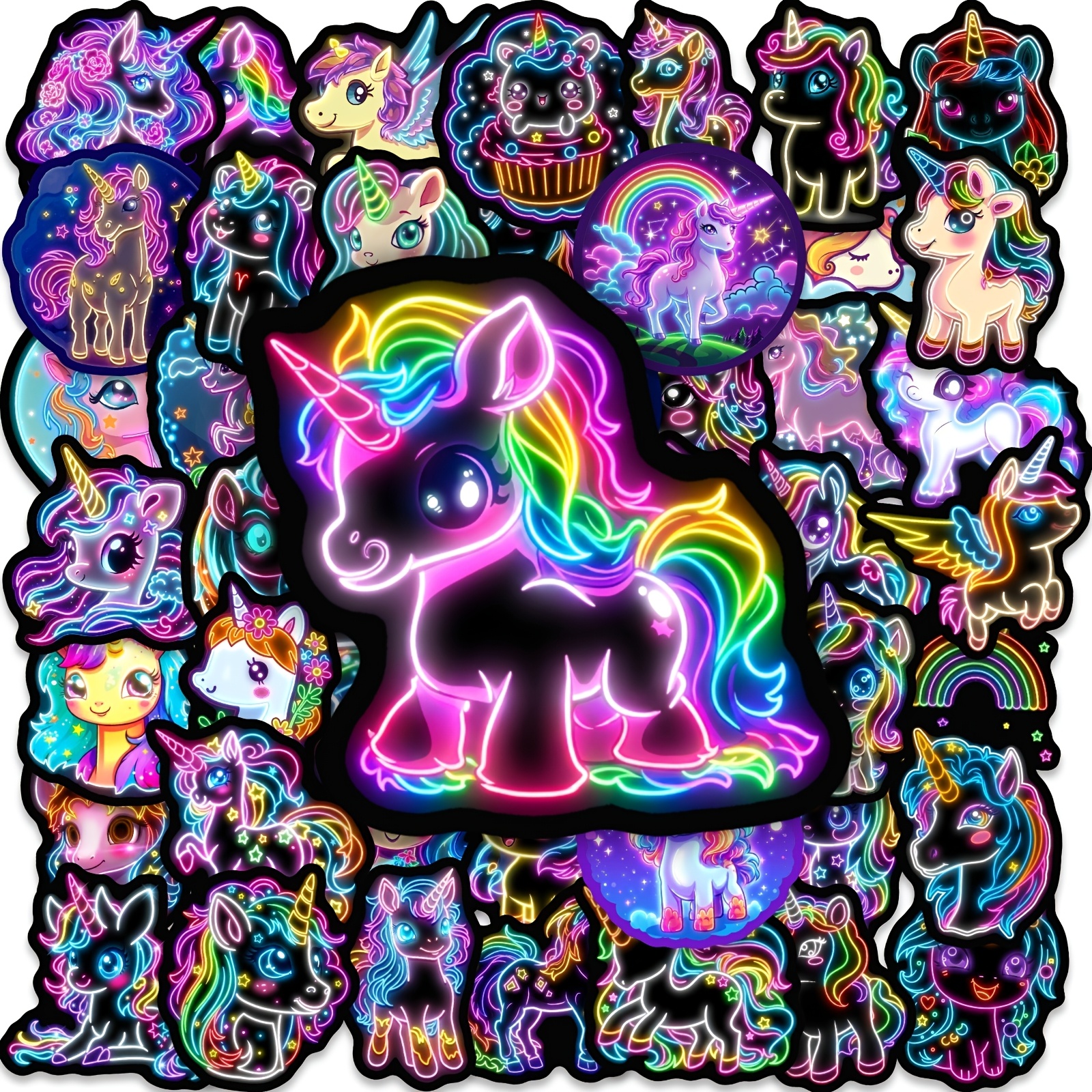TEMU 50pcs Neon Unicorn Stickers, Rainbow Hand Drawn Art, For Party Decor, Junk Journal Planner Diy Crafts, Planner Accessories, Office Products