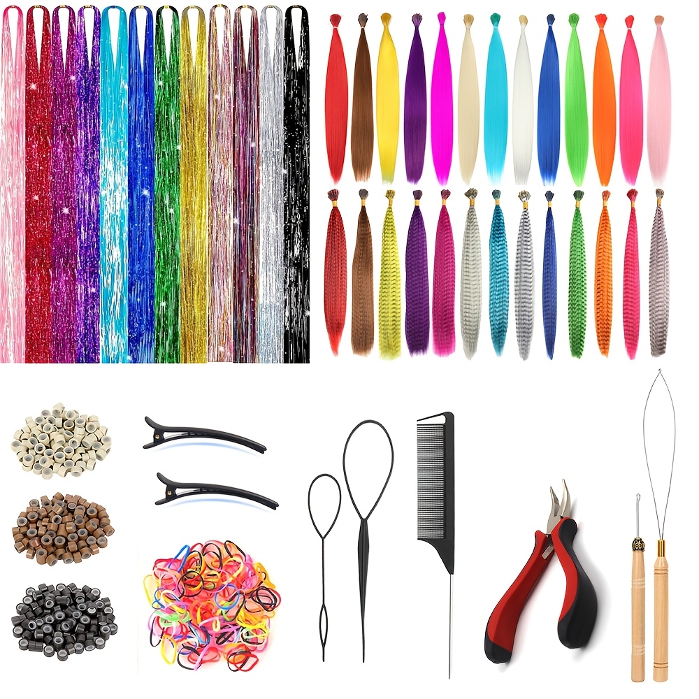 

Kit d'Extensions de Cheveux Synthétiques Colorés pour Femmes 48pcs - 38 Couleurs Vibrantes avec Extensions de Guirlandes & Plumes, Outils pour Festivals, Fêtes de Noël & Plus