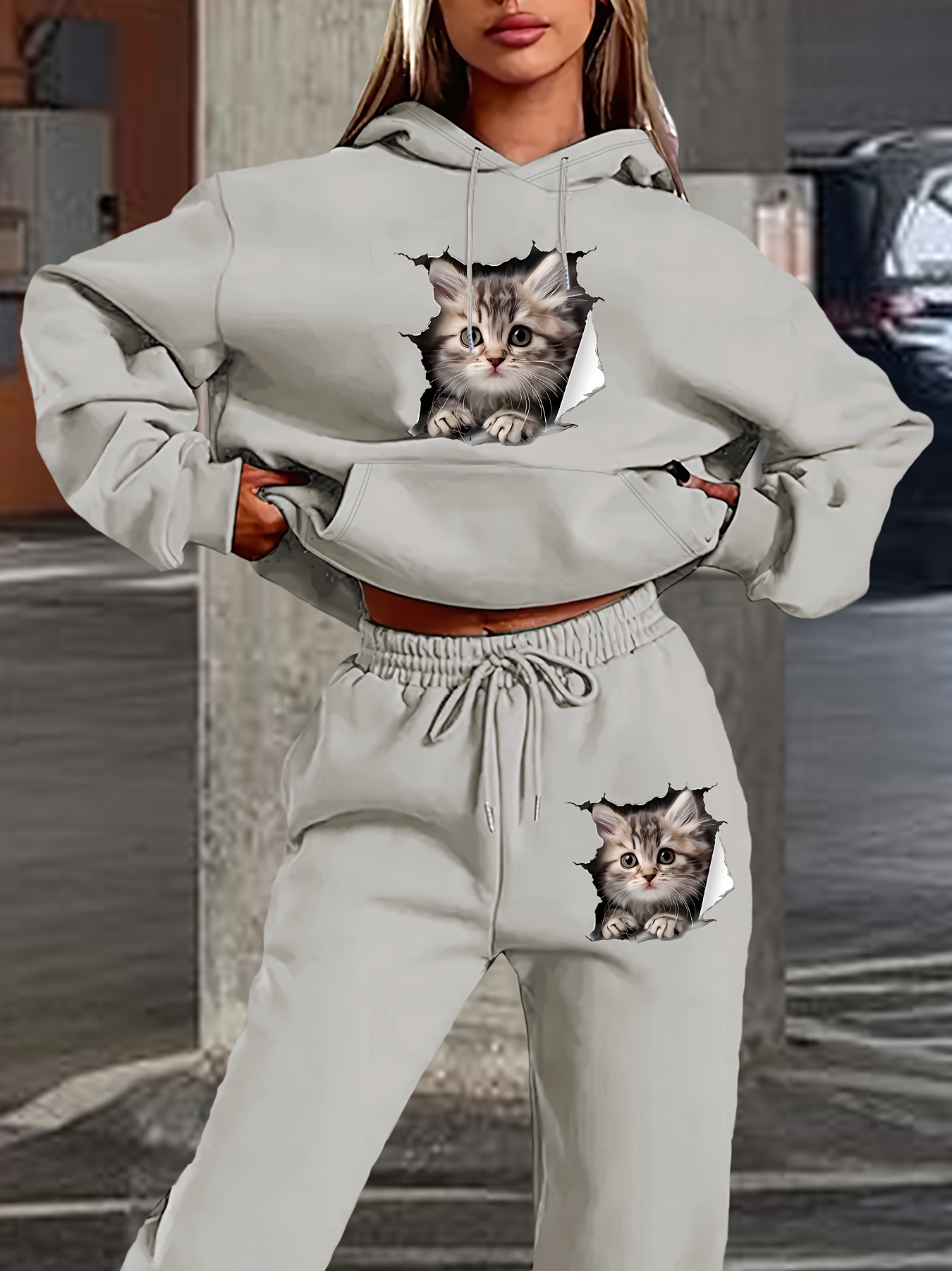 womens polyester hooded tracksuit cat print 100 polyester Temu