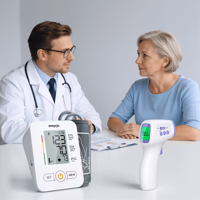 2 in 1 device for measuring blood pressure and forehead temperature featuring an automatic upper arm blood pressure monitor with a memory capacity of 2 60 readings an adjustable cuff size ranging from 8 66 to 16 54 inches Product details 1