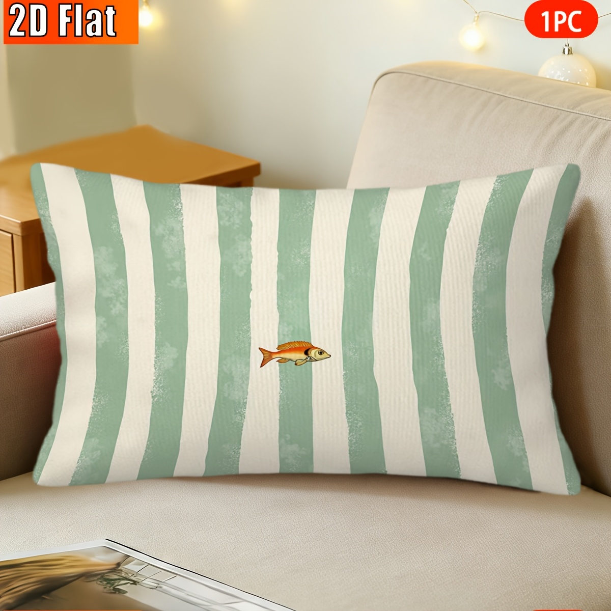 TEMU Housse de coussin plate 2D, 1 pièce, motif poisson sur fond rayé, taie d'oreiller décorative à thème, cadeau de Noël, convient pour lit, bureau,