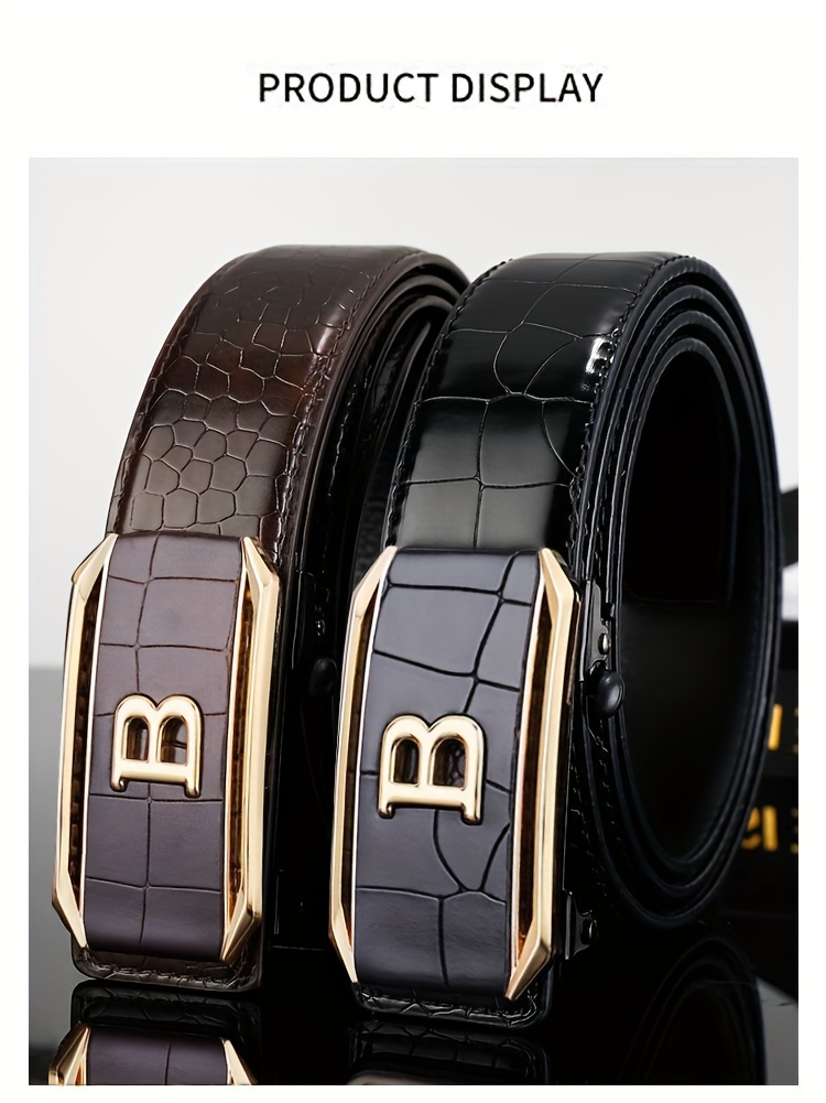 premium mens black faux leather belt with automatic   classic crocodile pattern     for business or casual wear details 2