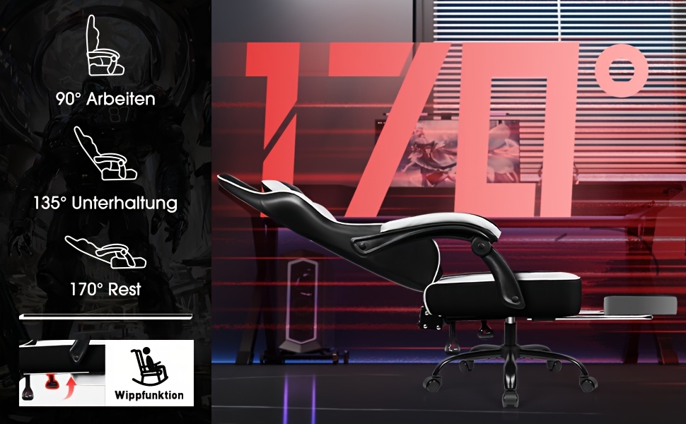 Airchros Chaise Gaming avec Repose-Pieds, Chaise de Bureau, Chaise de Bureau avec Fonction d'Inclinaison et de Verrouillage, Chaise Pivotante Réglable avec Coussins Lombaires et d'Appui-Tête, Noir