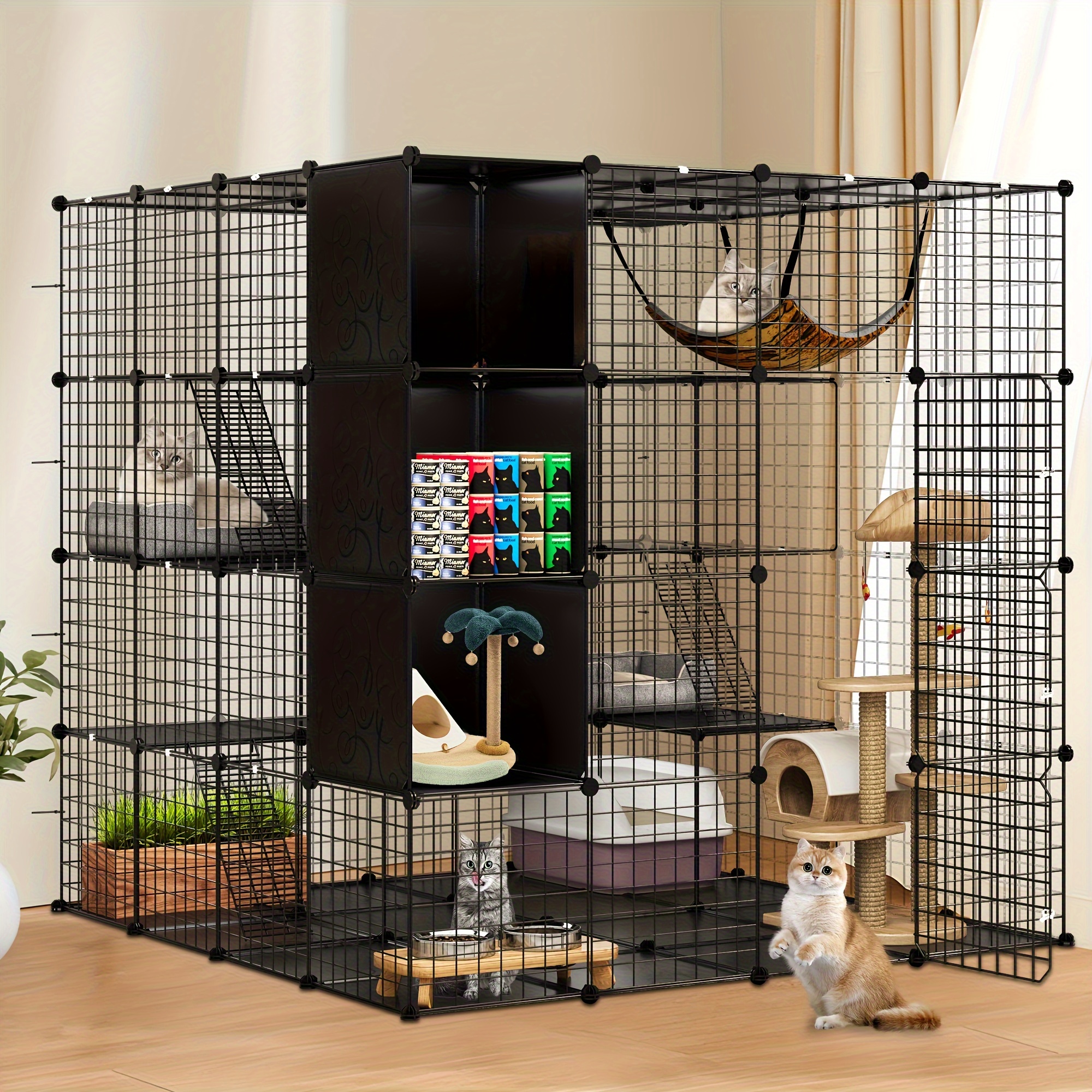 

Yarsca Cat Cage With Storage Cube Diy Indoor Cat Enclosures Metal Cat Playpen, 4 Tiers Cat Kennel, With Large Hammock For 1-4 Cats