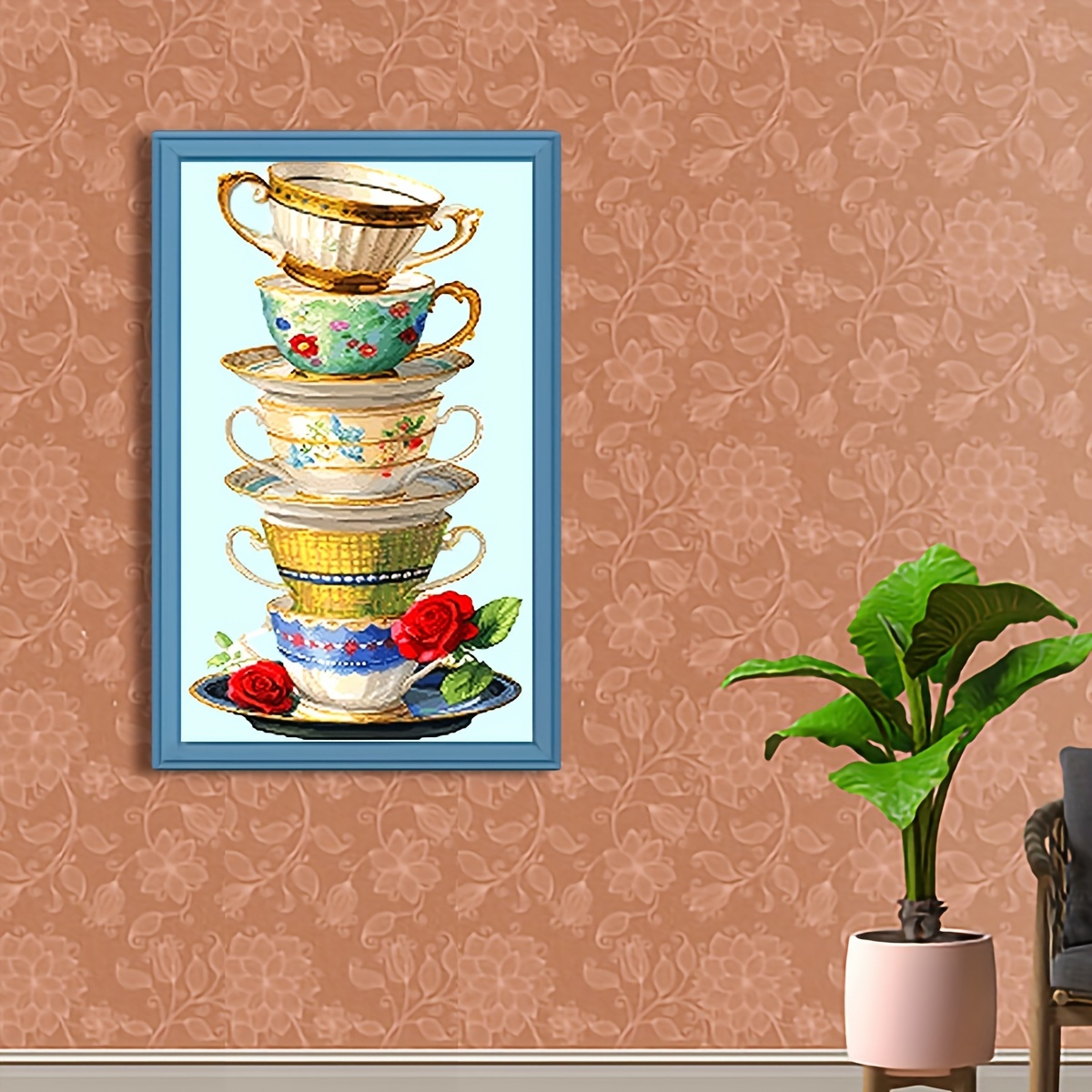 ชุดเริ่มต้นการเย็บประกอบด้วยแพทเทิร์นการเย็บกาแฟและดอกกุหลาบแบบต Cross Stitch Kit, 11CT Stamped Embroidery Starter Set พร้อมด้วยด้ายหลายเส้น, ผ้าที่พริ้มลายไว้ล่วงหน้าสำหรับผู้เริ่มต้น, ผ้าสีขาว, ดีไซน์ที่ใช้ได้ทั้งปี รายละเอียด 3