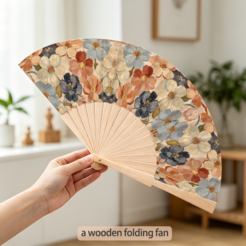 TEMU [23cm Wooden Folding Fan] Lightweight Wooden Folding Fan, Floral Contrast Print Design Summer Cooling Party Atmosphere Artifact Music Festival