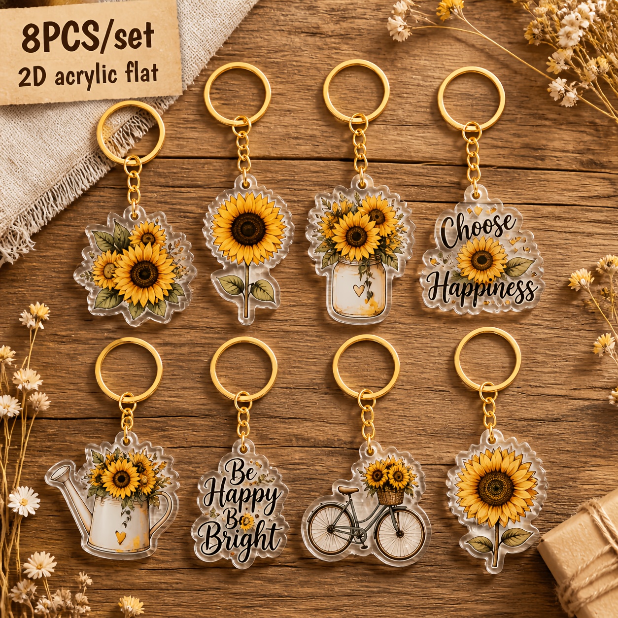 TEMU 2d Flat, 2d Flat Design, [2d Flat Design] 8pcs Set Of Cute Flat Acrylic Sunflower Keychains, Bright Floral Bag Pendants, Inspirational Keyrings