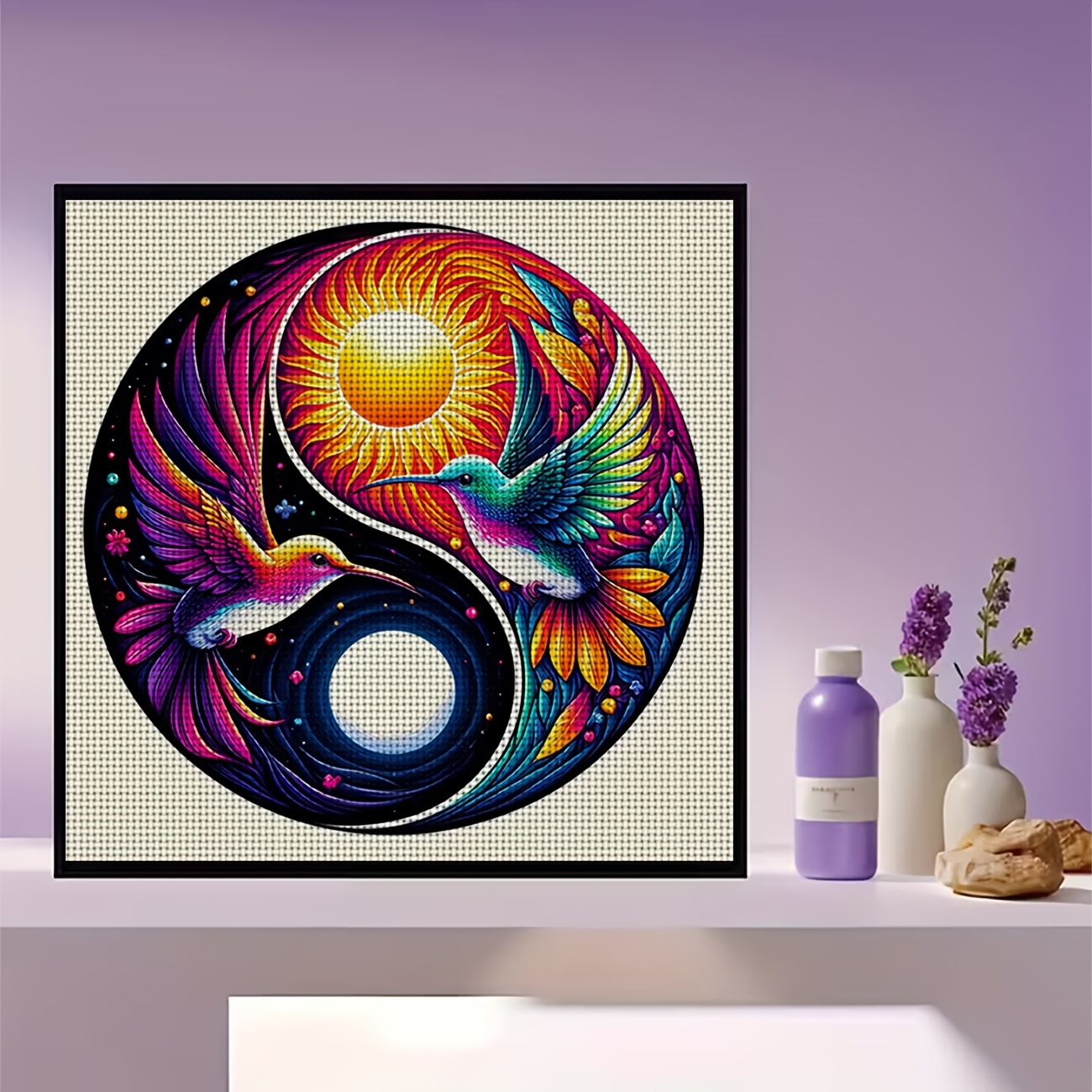 DIY Cross-Stitch Printed Kit, Sun-Moon and Two Birds Pattern