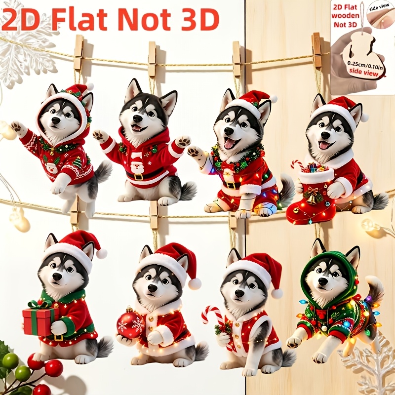 TEMU 2D-flach, 8-teiliges Set niedlicher Husky-Holz-Weihnachtsanhänger. Die süßen Husky-Welpen sind in verschiedenen Weihnachtsoutfits gestaltet.