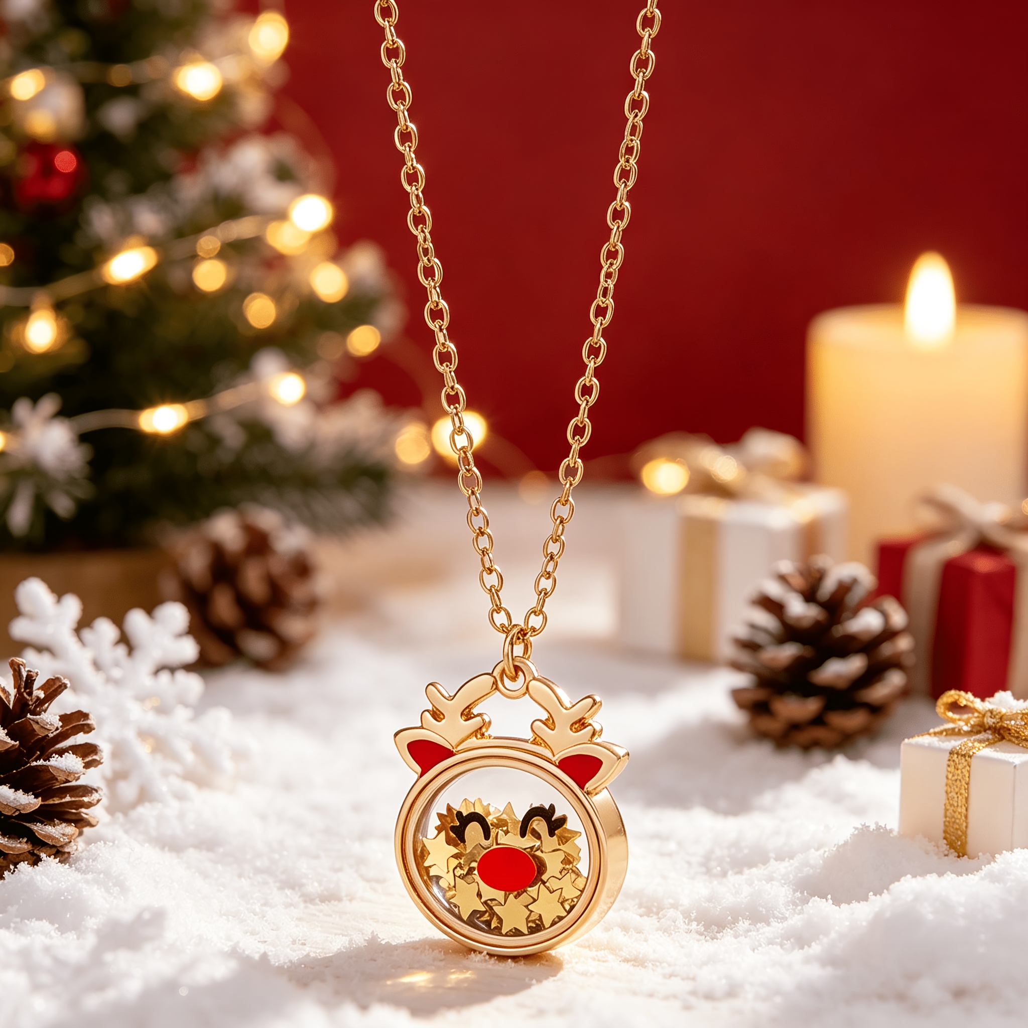 TEMU 1pc Girls Adjustable Christmas Necklace, Shakable Reindeer Charm Pendant Filled With Floating Heart And Star Sequins, Kids Friendship Jewelry,