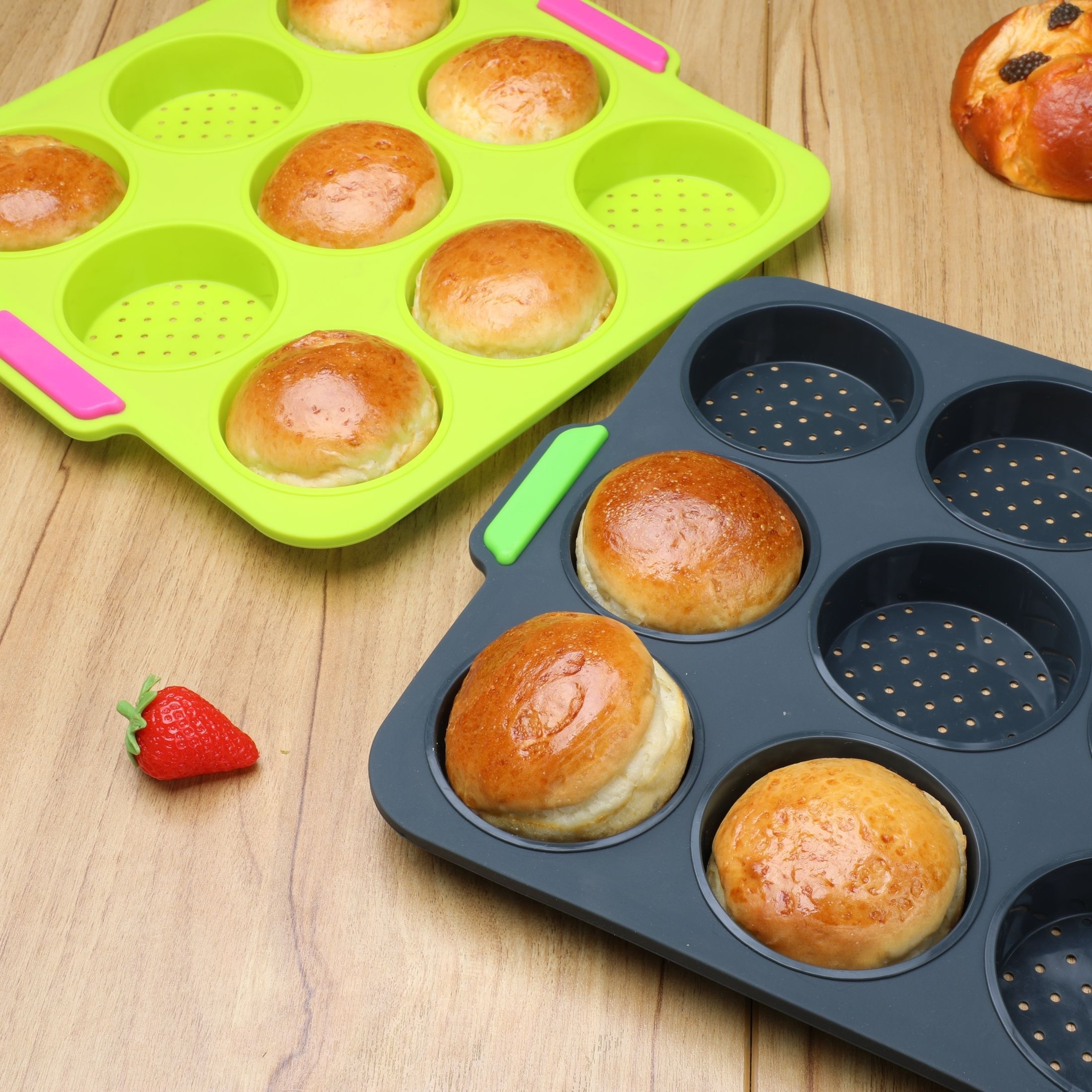 

1pc 9 Cavity Circular Perforated Cake 9 Cavity Circular Bread Mold Baking Cake Heat-resistant Non Stick Baking Supplies Food Grade Silicone Mold Baking Tools Kitchen Accessories Hamburger