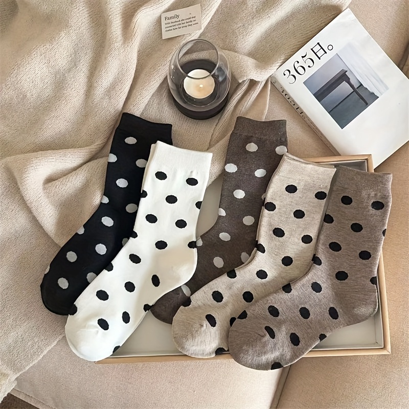 TEMU 5 Pairs Vintage Polka Dot Socks Women's Mid-calf Socks Korean Fashion Autumn Winter New Brown Series Cute Polka Dot Long Socks