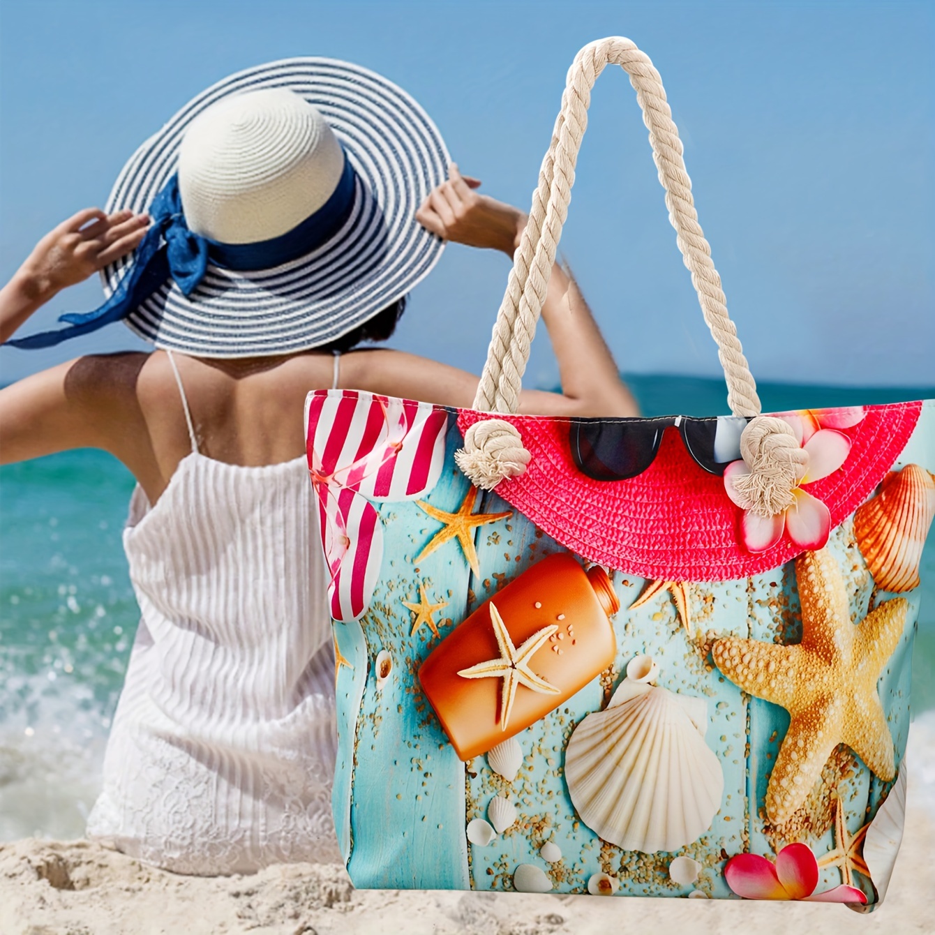 beach tasche damen lebendigem küstenmuster – robustes Temu