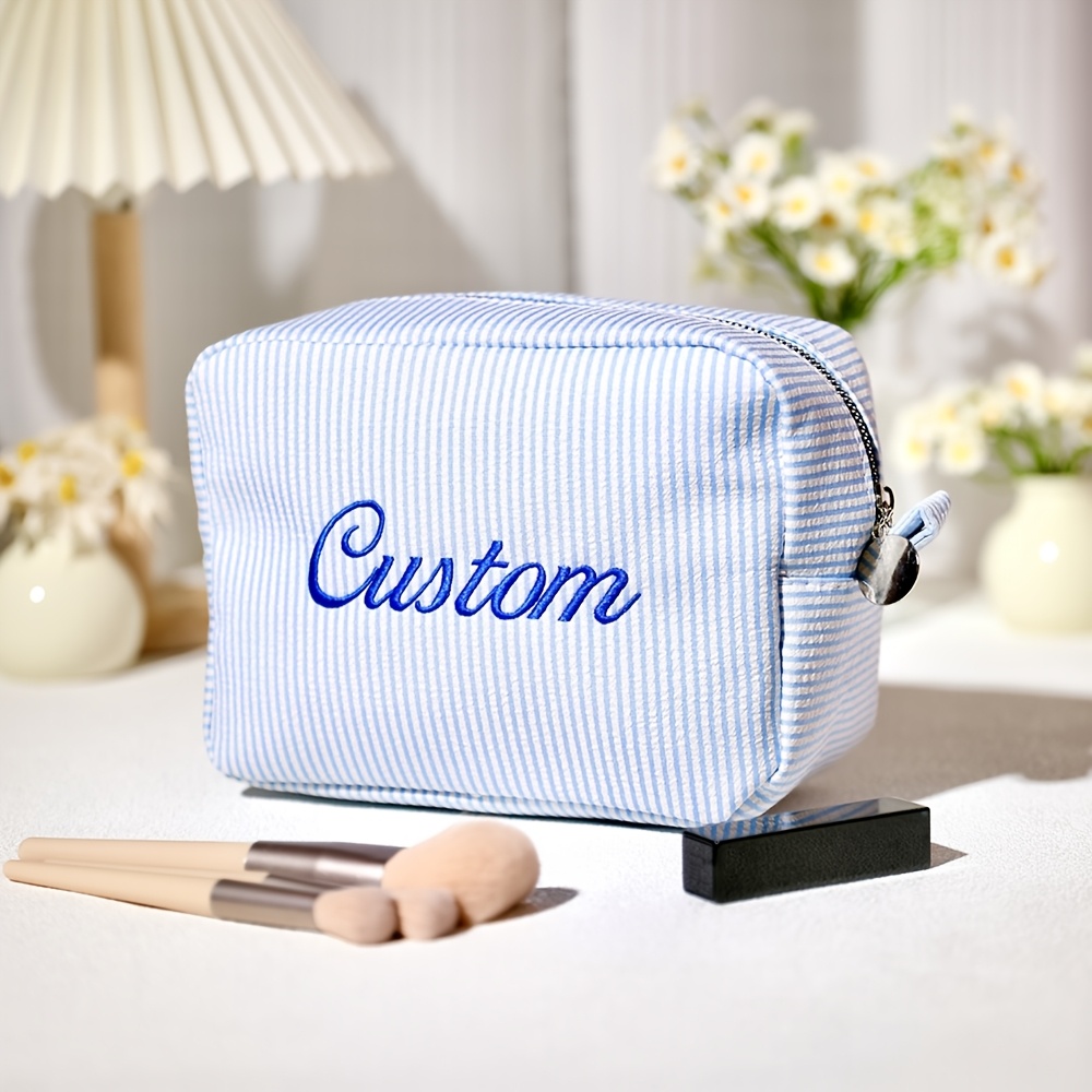 TEMU Personalized Custom Name Seersucker Makeup Bag, Durable Zipper Closure Toiletry Pouch, Vacation Travel Cosmetic Bag, Summer Beach Bag, Large