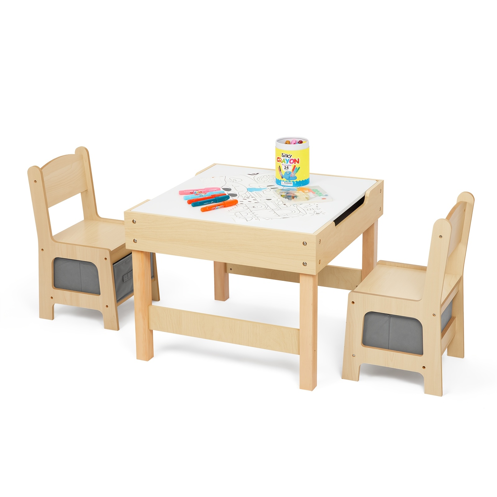 TEMU Solid Wood Table And Chairs Set, 3 In 1 Kids Table And Chair Set With Double-sided Desktop And Toy Storage, For Room, Nursery, Playroom And Daycare Center