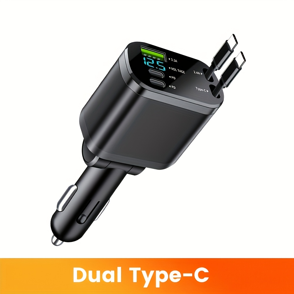TEMU Chargeur de voiture rapide avec double ports Type-C, câble rétractable et interface USB - Compatible multi-, chargement basse température pour