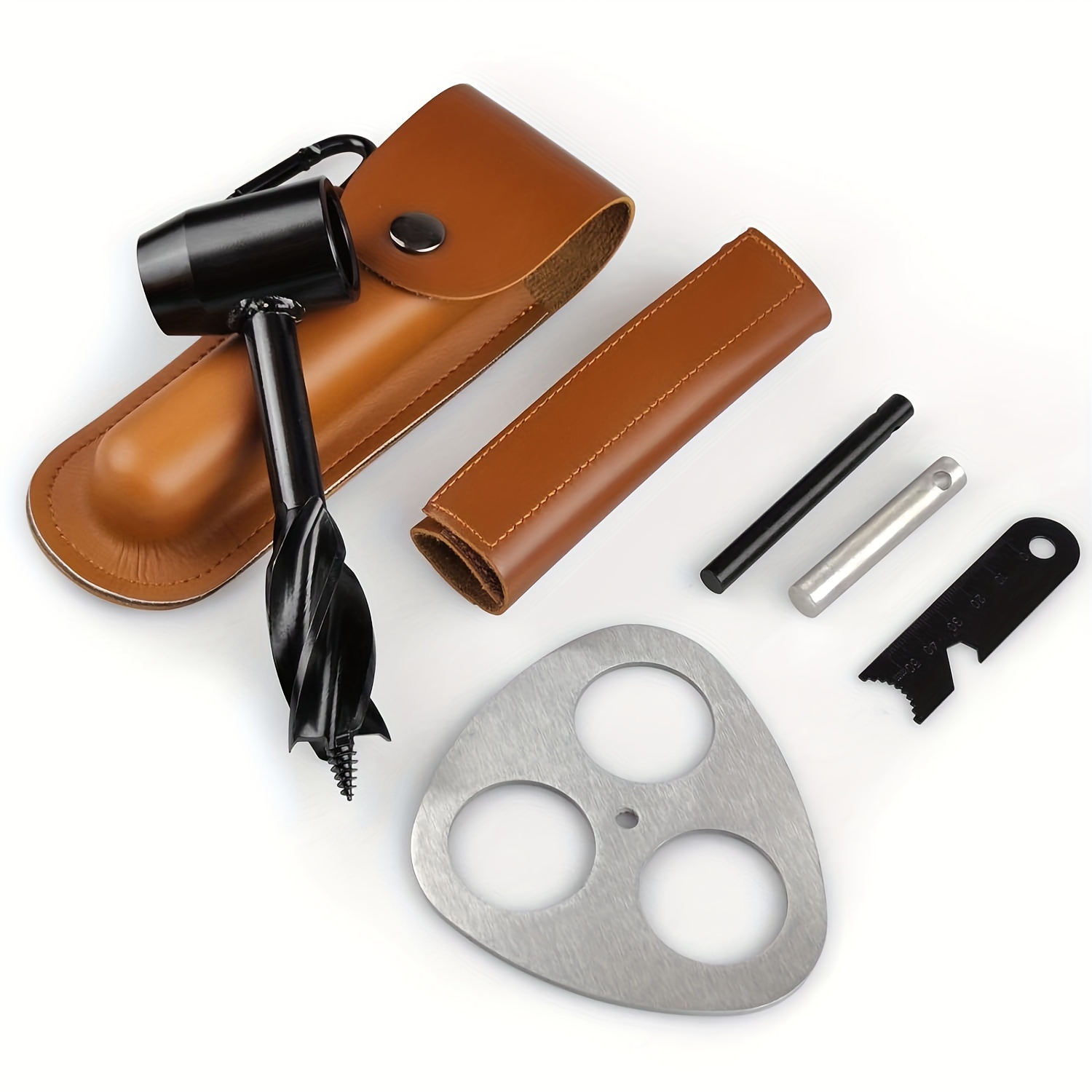 

Survival Bushcraft Hand Auger Wrench With Flint, Camping Tripod, And Leather Case - Unleash Your Outdoor Creativity