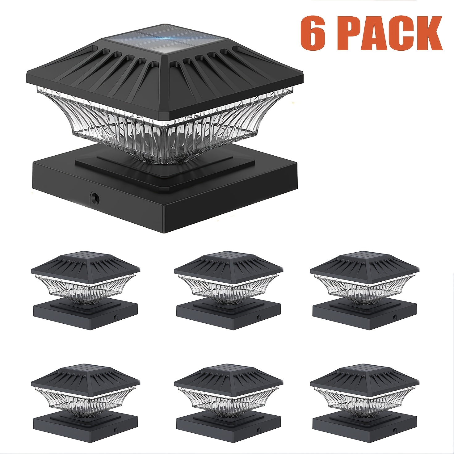 

6pcs Warm White Solar Post Cap Lights, Adjustable Led Outdoor Lighting For Decks, Patios & Gardens - Fits 3.5x3.5, 4x4, 4.5x4.5, 5x5 Inch Wooden Posts - , Solar-powered