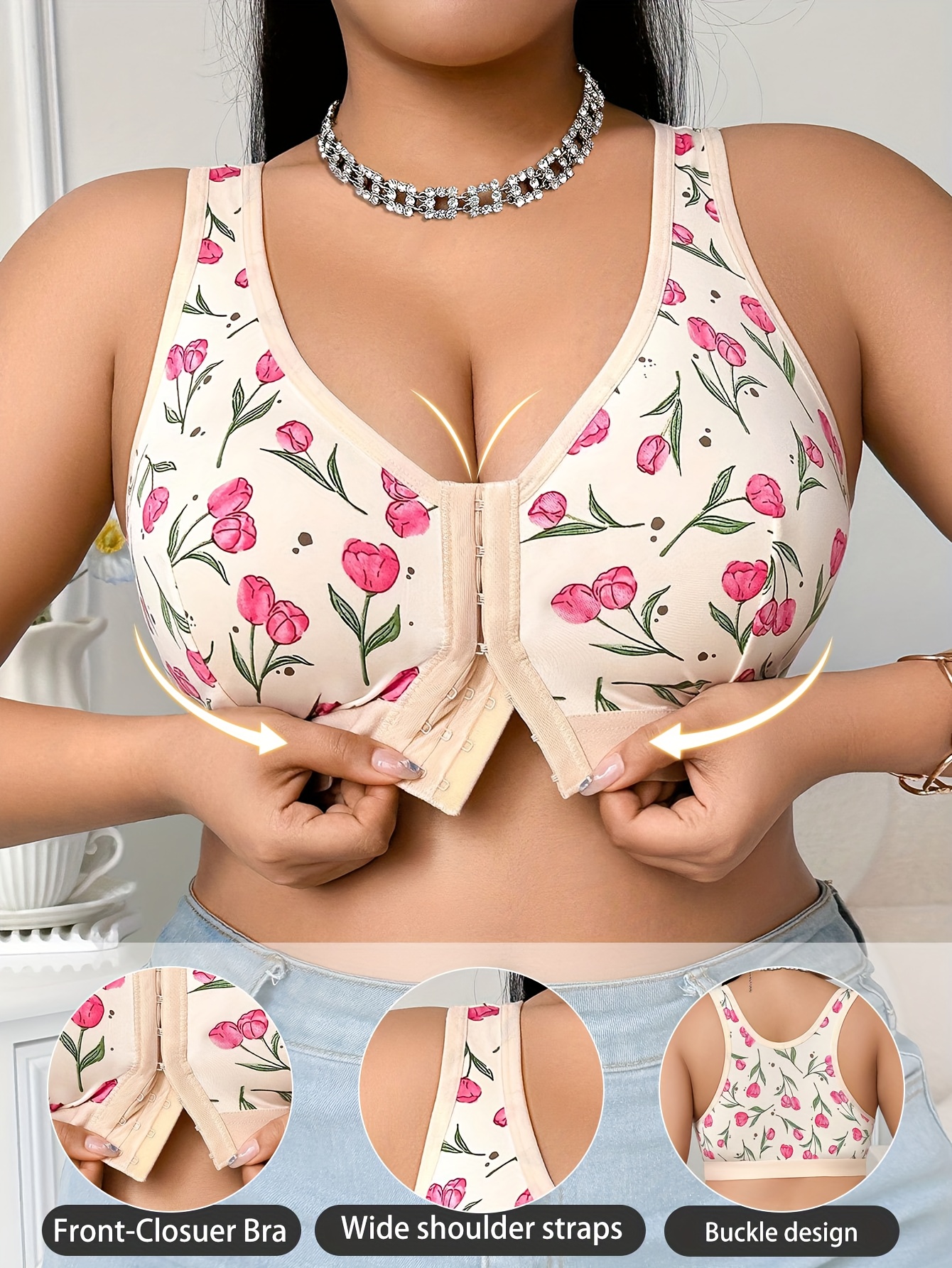 1  size womens bra underwire free floral print front closure push   support adjustable straps seamless casual   wear