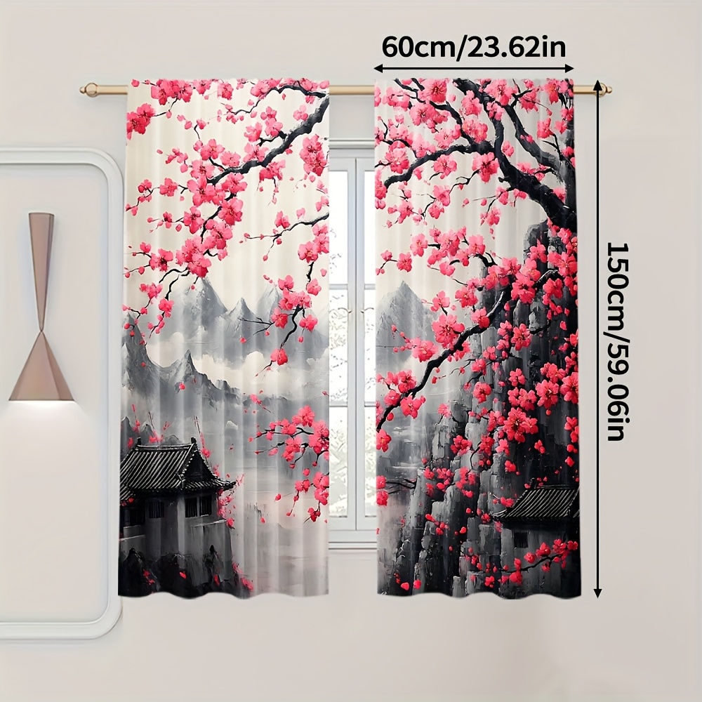 TEMU 2pcs Rideaux Élégants de & Verdure - Filtrant , Polyester Lavable en Machine, Idéal pour Chambre, Salon, Bureau - Design du Japon avec Détail de