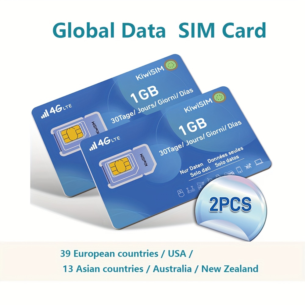 TEMU 2pcs Data Sim | Europe & Usa Coverage | 2gb Trial Data | 5g/4g Lte Prepaid Data Sim For 51 Countries, Without , Rechargeable, For Mobile Phones,