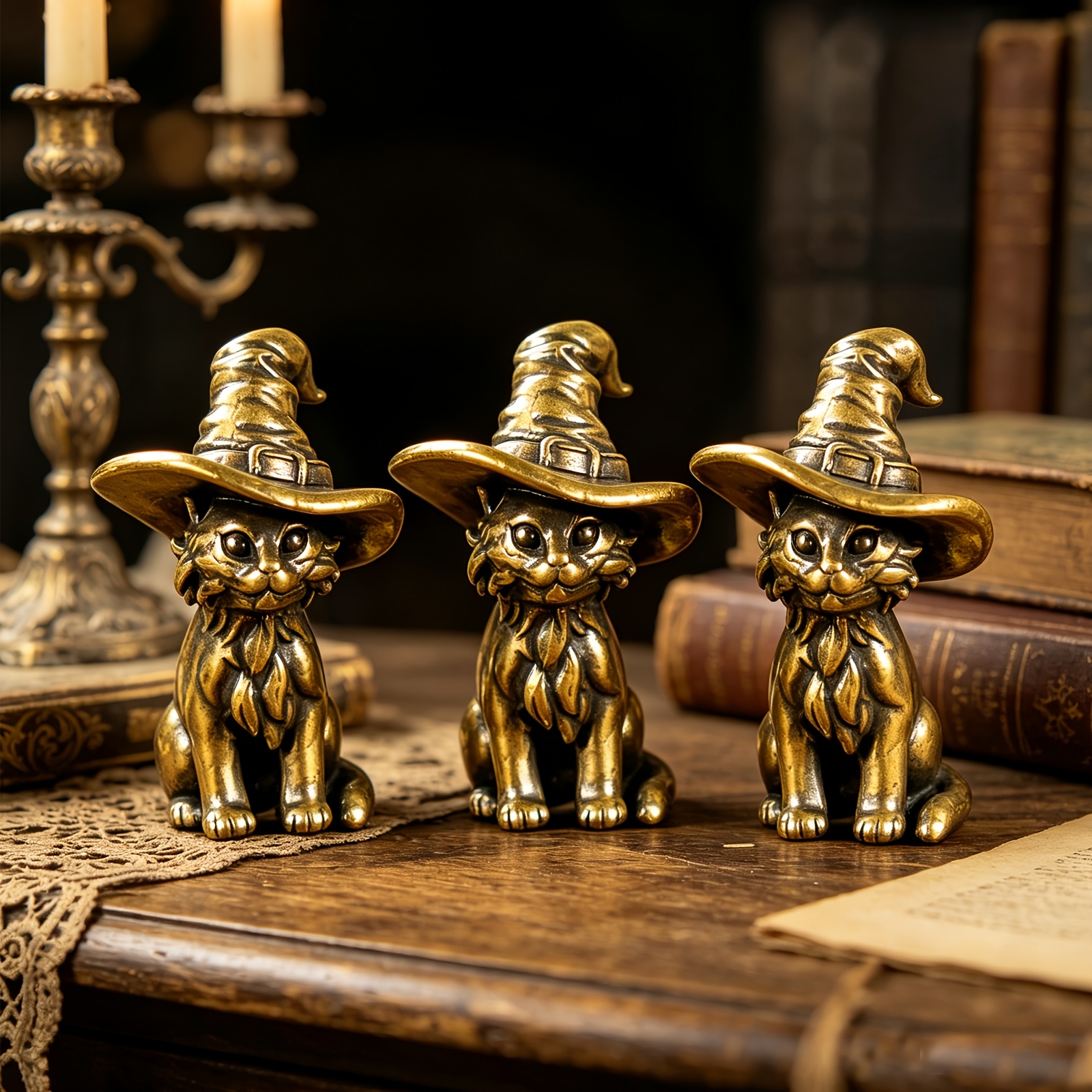 TEMU Statue , 3 statues de chat magique en métal vintage - Chaton avec décoration de chapeau - pour Halloween, Noël, Pâques