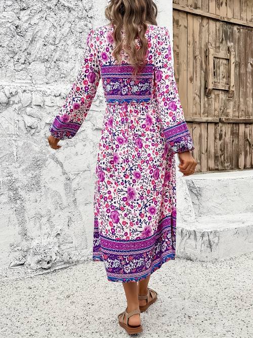 womens casual loose bohemian tassel print long sleeve dress