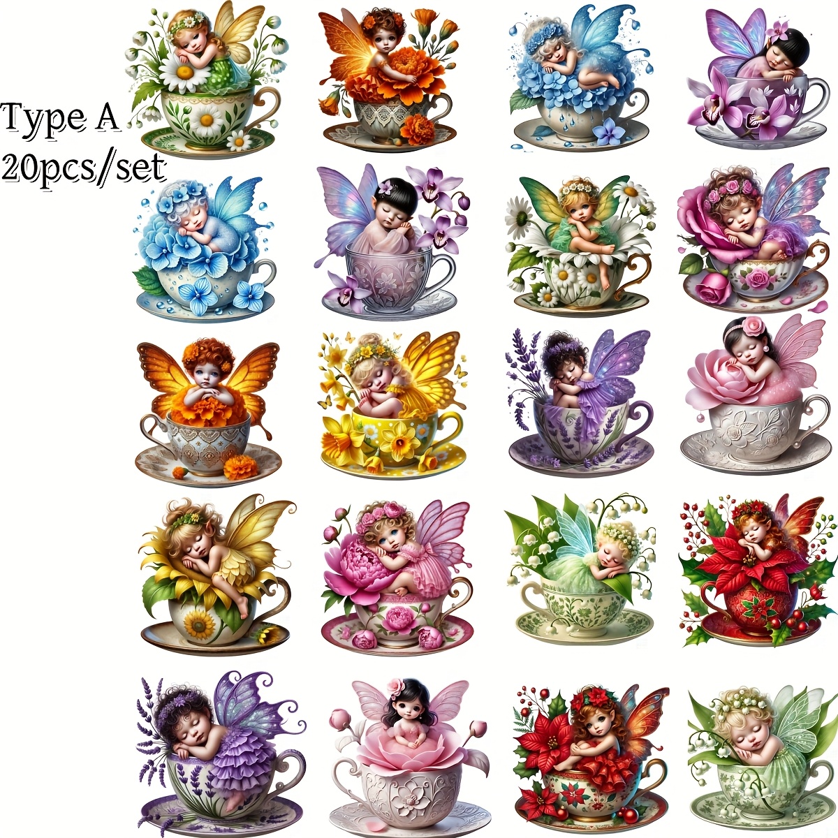 TEMU 20pcs/set Handmade Creative Retro Cartoon Tea Cup With Cute Flower Fairy Series Stickers Suitable For Garbage Diary Notebook Decoration Manual