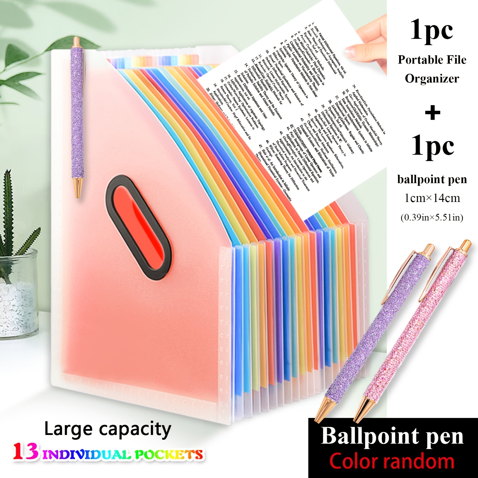 

1set,13 Individual Pockets, A4 Large Capacity Transparent Folder-1pc+purple Ballpoint Pen+1pc,rainbow Student Storage Bag,suitable For Office,home, School,file Storage Bag, Receipt.