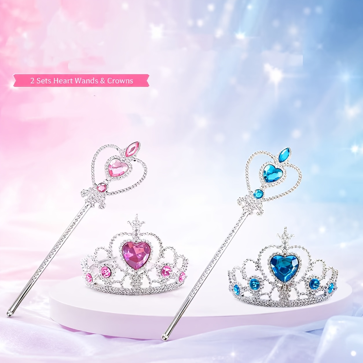 4pcs Pink and Blue Heart Rhinestone Crown Wand Set