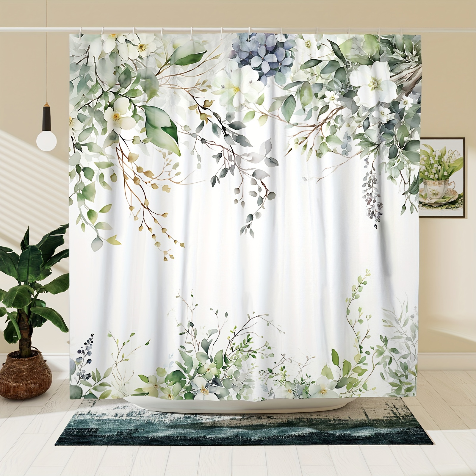 

1pc Green Plant Floral Pattern Shower Curtain, Waterproof Shower Curtain With Hooks, Bathtub Partition, Suitable For Spring Bathroom Bathtub Decoration, Bathroom Accessories