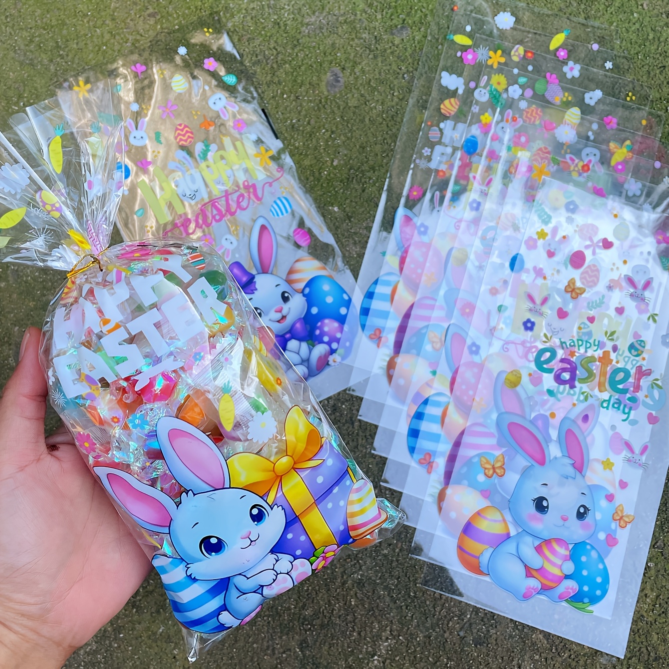 

50pcs Easter Bunny & Egg Pattern Plastic Gift Bags With Golden Twist Ties, Balloon Printed Opp Bags For Easter Themed Party Favors And Decorations