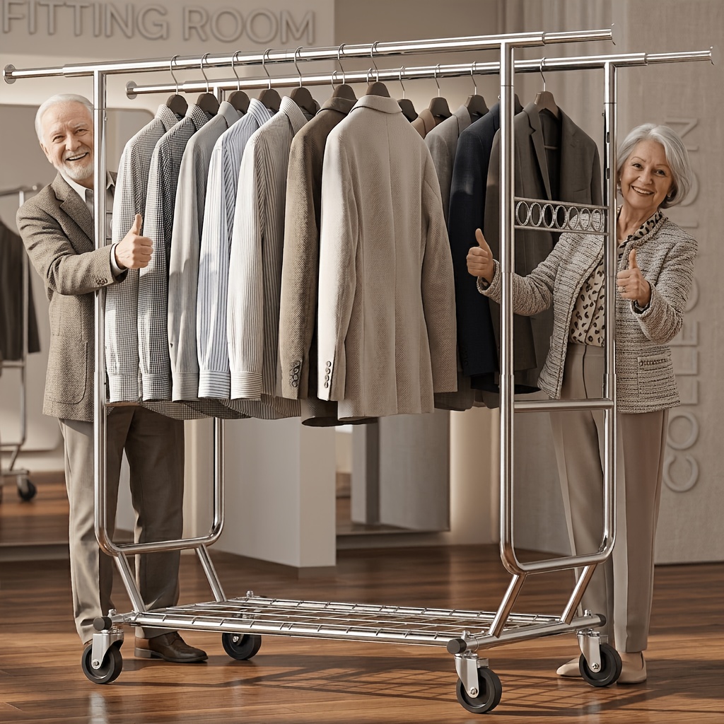 TEMU Portant à vêtements autoportant robuste et réglable, portant à double tringle de haute qualité avec roulettes pivotantes verrouillables, hauteur