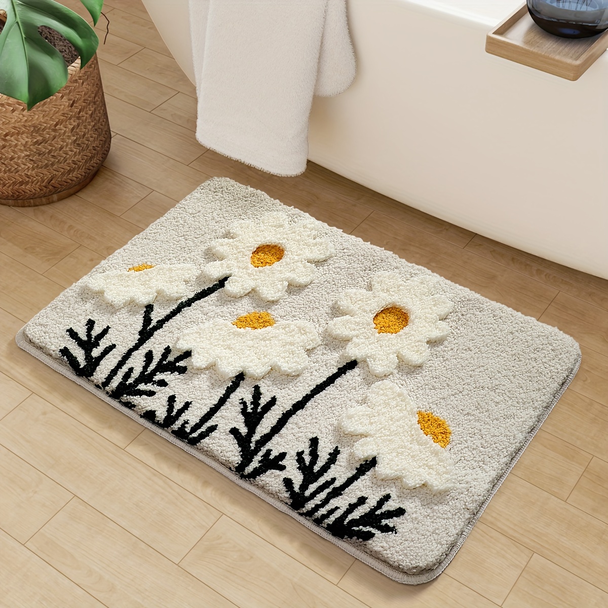 

1pc Dajiang Fluffy Flocking Bathroom Rug, 100% Polyester Knit Fabric, Non-slip Tpr Backing, 1950gsm, 2cm , Rectangle Bath Mat For Bathroom, Sink, Bathtub, Shower Room, Machine Washable, Home Decor