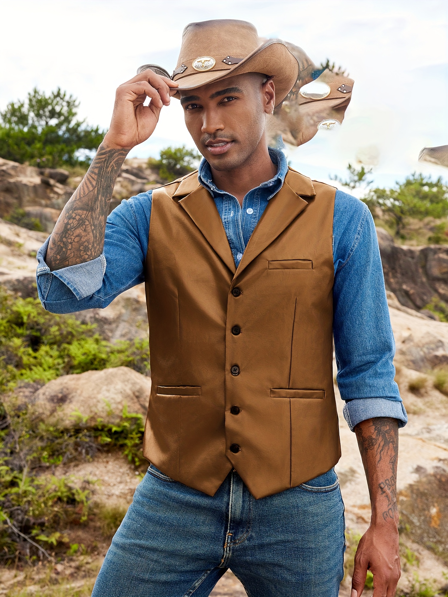 *'S Faux Leather Suit Vest Casual Western Vest Jacket Lightweight V-Neck  Dress Waistcoats