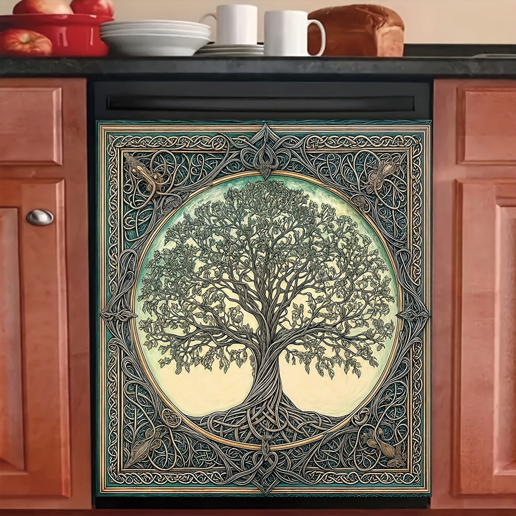 

1pc Magnetic Tree Of Life Dishwasher Door Cover - Easy-to-clean Print, Decorative Knotwork Design, 23x25.5 Inches, Kitchen Decor