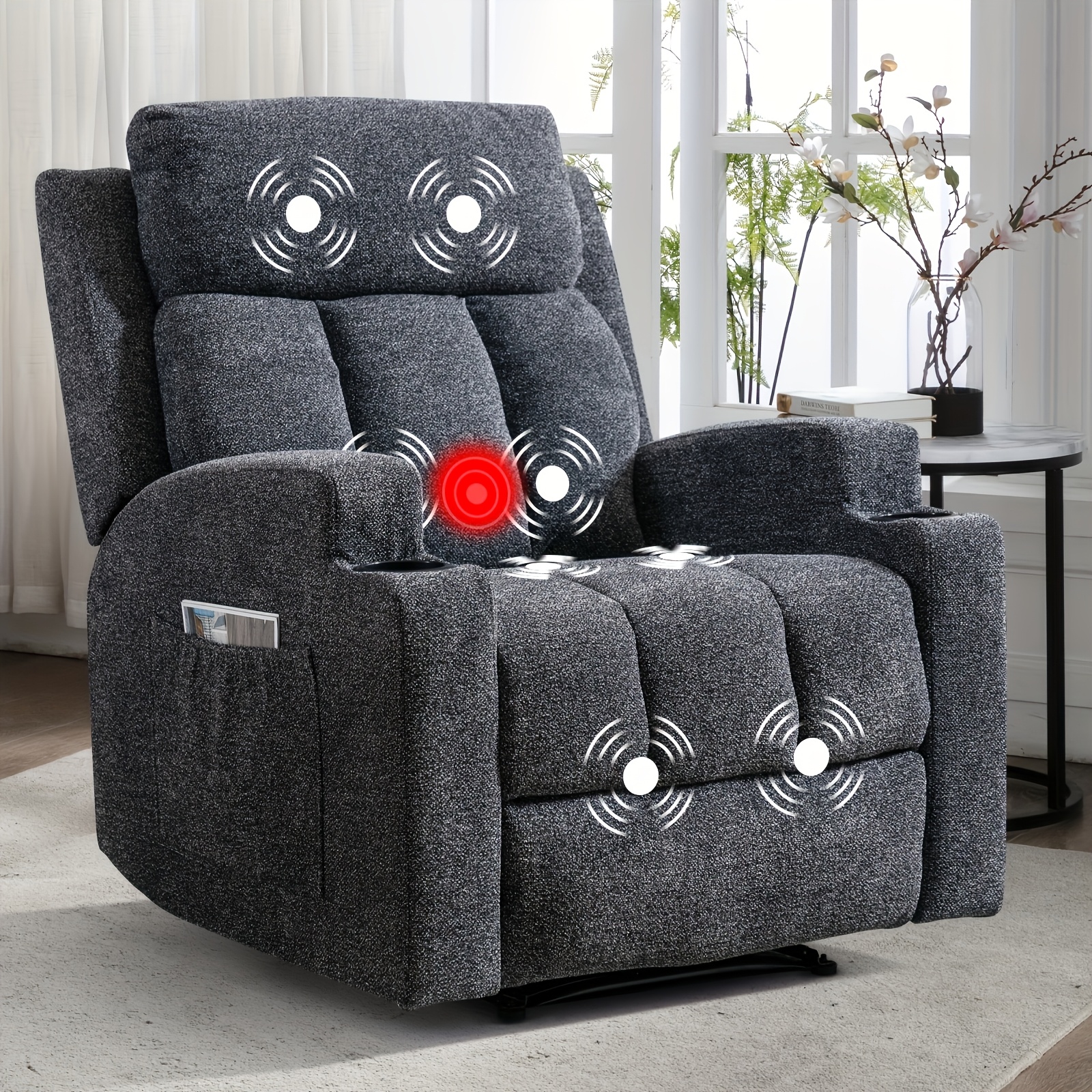 TEMU Modern Heated Manual Massage Recliner With Side Pockets And Cup Holder Ultra Breathable Fabric Recliner, Single Sofa Large Size Home Theater Seat