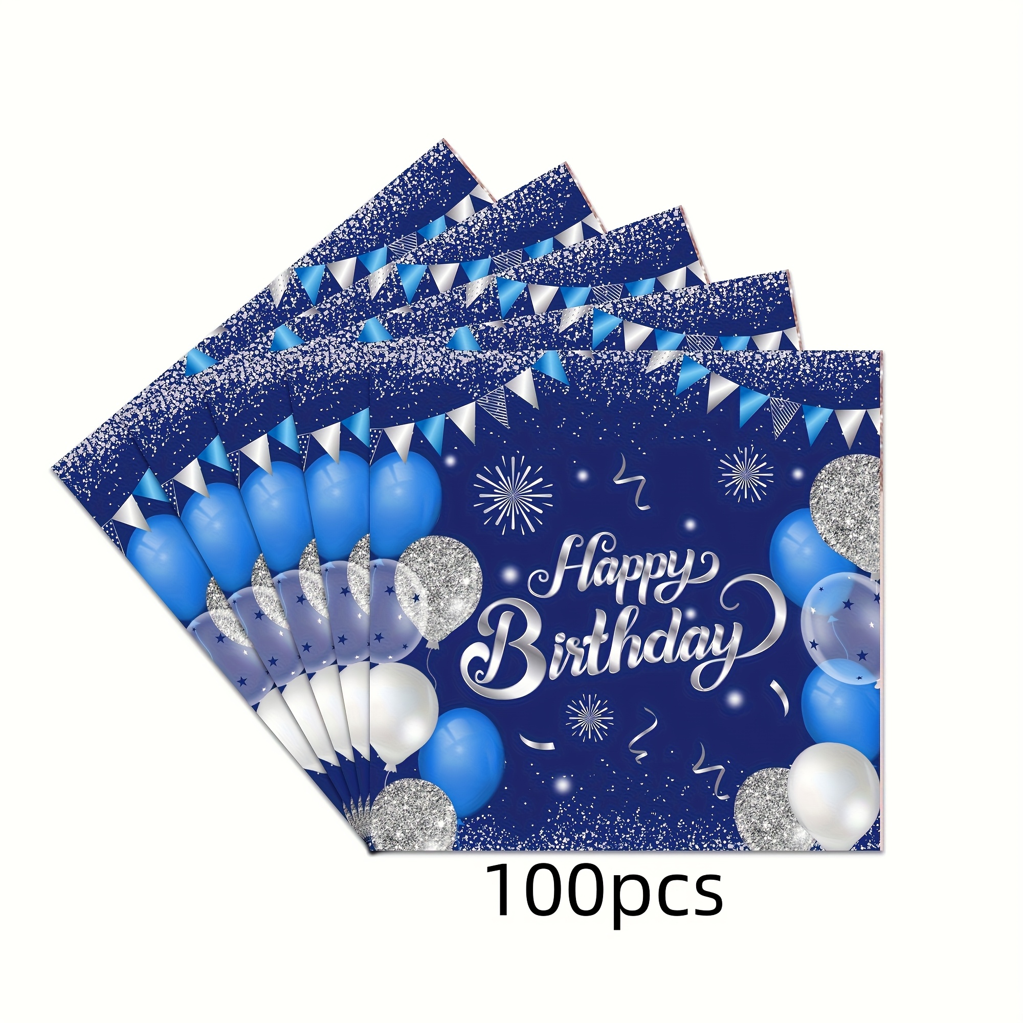 Image of 100pcs Blue Silvery Theme Napkins Disposable Serviettes Happy Birthday Napkins Blue And Silvery Theme Dinner Picnic Serviettes Suitable For 18 21 30 40 50 90 Age Birthday Party Supplies Men Women