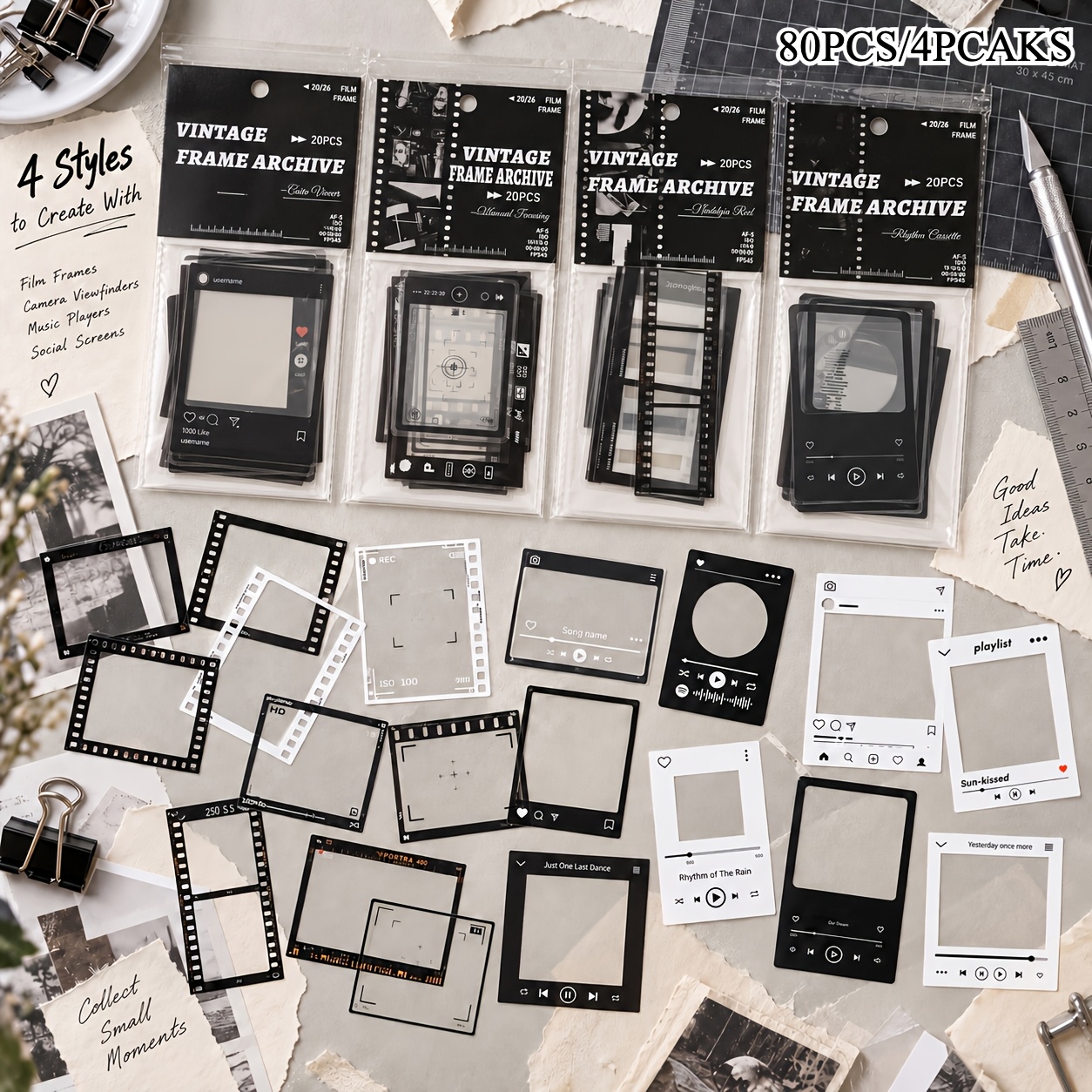 TEMU 80pcs Stickers PET Vintage Transparents, 4 Packs de Bandes de Film, de Cadre Photo et Lecteur de Musique pour Journaling, Scrapbooking, Albums