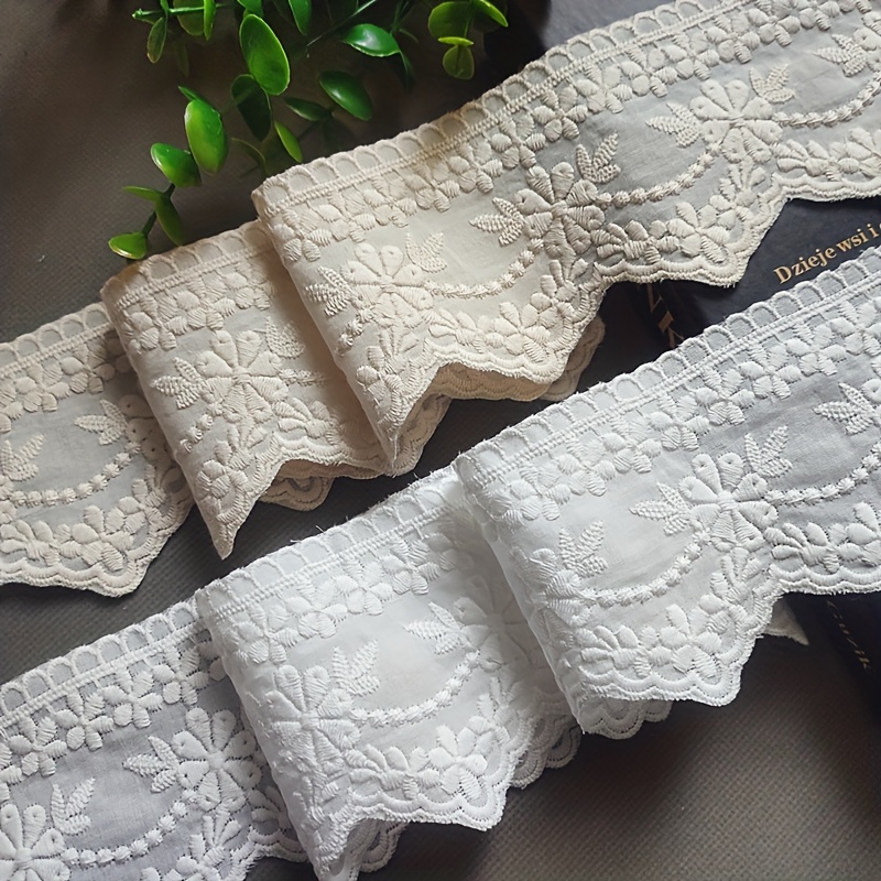 

White And Apricot Embroidered Cotton Lace Trim, 7.5cm Wide, Curtain Neckline Sleeve Diy Clothing Decoration - 1 Yard