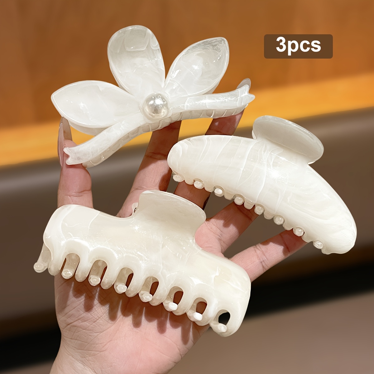 TEMU Lot de 3 pinces à griffes texturées dégradé blanc laiteux pour femme, style incurvé floral avec acétate, pour coiffure à l'arrière de ,