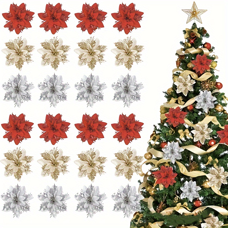 

72 Pcs Set Of Sparkling Christmas Flowers: Realistic Poinsettias For Festive Home Decor, Diy Xmas Party, Christmas Tree Ornaments, And More - Traditional Style, No Electricity Required