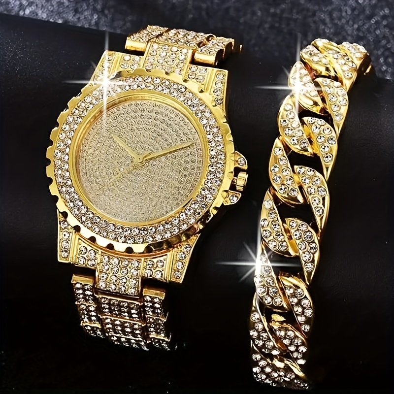 

2pcs Luxury Men's Golden- Quartz Watch & Bracelet Set With Sparkling Rhinestones - Elegant Stainless Steel Strap, Precise Movement, Non-waterproof, Ideal Gift For Him In A Gift Box, Watch Accessories