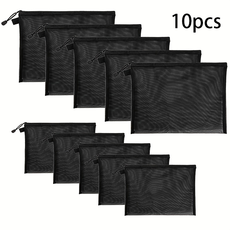 TEMU 10pcs Nylon Mesh Cosmetic Organizer Bags - Black, 5 Size, For School, Office, And Dressing Room, Helping You Organize With Ease