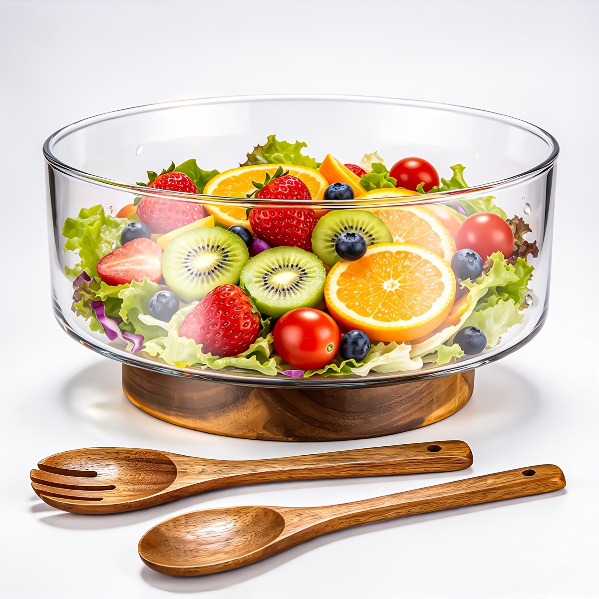 TEMU 3pcs Glass Salad Bowls With Utensils, 3.8qt Large Capacity Design, Stability, Multifunctional Salad, Fruit Serving Plate, Mixing Bowls, Perfect